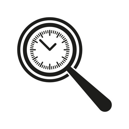 Clock under magnifier. Time management symbol. Search time icon. Vector black illustration.のイラスト素材