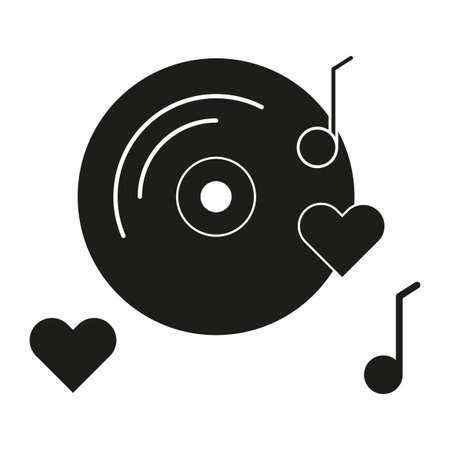vinyl record with heart. music note symbols. vector romantic icon. black and white.のイラスト素材
