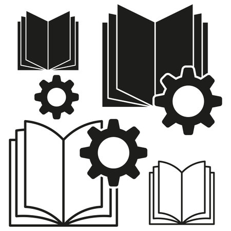 Gears and books. Mechanical process symbol. Open book figure. Technical knowledge icon.のイラスト素材