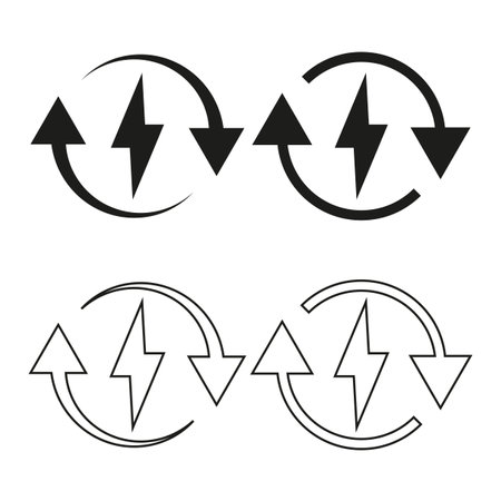 Energy exchange icons. Arrows and lightning symbol. Power transfer vector. Circular motion design.のイラスト素材