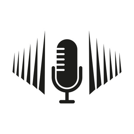 Microphone vector icon. Black audio symbol. Sound wave graphic. Retro microphone design.のイラスト素材