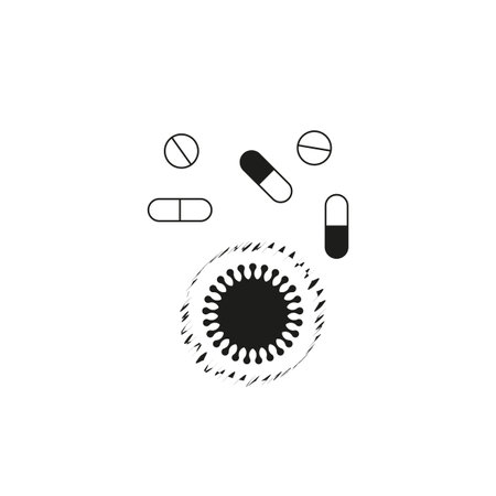 Black virus icon. Medical pills and virus vector. Isolated minimal illustration. Science and health theme.のイラスト素材