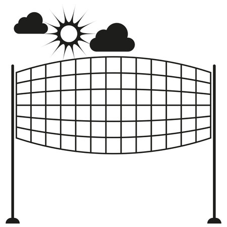 Volleyball net icon. Sun and clouds symbol. Sport field with net. Vector game icon.のイラスト素材