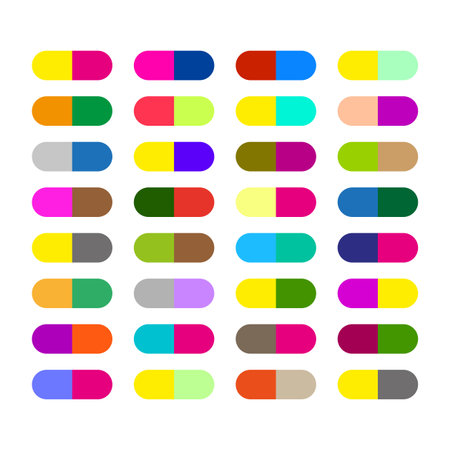 Colorful pill icon set. Various bright capsule designs. Multicolored medicine symbols. Simple vector collection.のイラスト素材