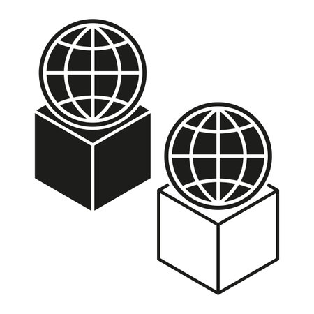 Globe on cube icon. Global sphere on black cube. Bold outline style. Vector illustration.のイラスト素材