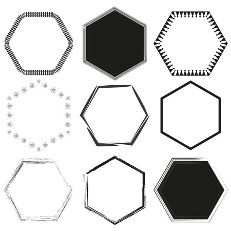 Hexagon frame designs. Geometric decorative borders. Vector illustration.のイラスト素材