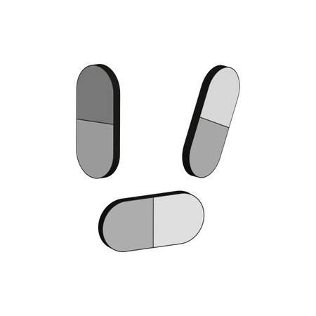 Capsule vector icon. Three-dimensional pill shape. Geometric medicine symbol. Black and gray pills.のイラスト素材