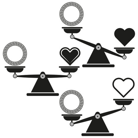 Balance scale icon. Heart and circle symbol. Decision-making vector. Black and white design.のイラスト素材