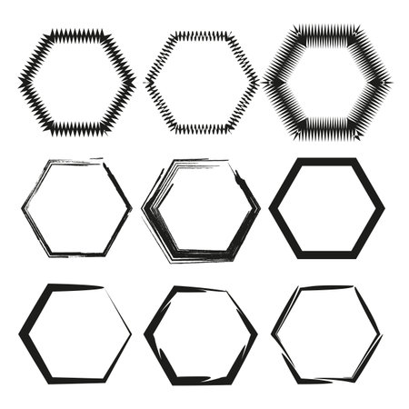 Hexagonal frame shapes. Abstract geometric outlines. Bold black borders. Minimalist graphic pattern.のイラスト素材