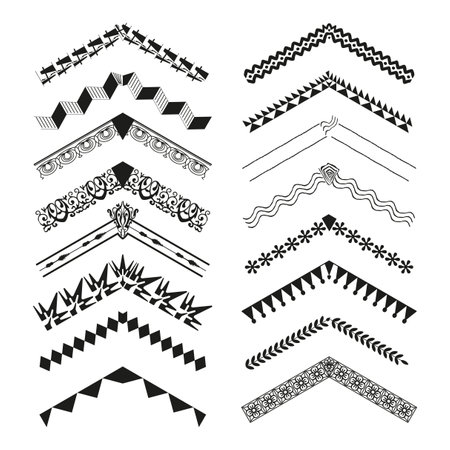 Decorative corner set. Ornamental graphic elements. Black artistic shapes. Vector illustration.のイラスト素材