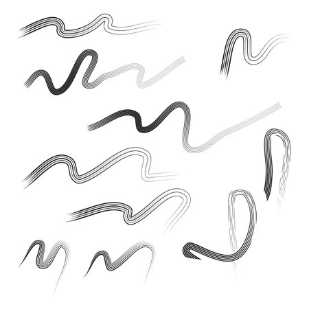 Wavy abstract lines. Black and white curves. Dynamic stripe elements. Flowing artistic pattern.のイラスト素材