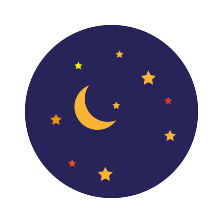 Crescent moon icon. Starry night pattern. Yellow stars contrast. Dark blue background.のイラスト素材