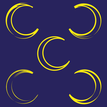 Yellow crescent shapes. Abstract curved elements. Dark blue background. Dynamic motion effect.のイラスト素材