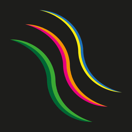 Curved color stripes. Wavy neon lines. Abstract motion elements. Vector black background.のイラスト素材