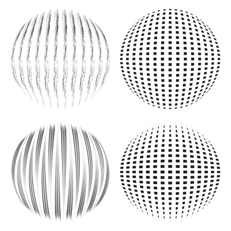 Distorted sphere icon. Geometric warping shape. Black line texture. Optical illusion effect.のイラスト素材