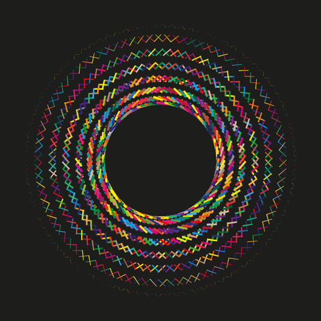 Colorful ring shape. Rainbow circle figure. Vivid radial vector. Abstract black background.のイラスト素材