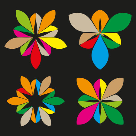 Colorful petal shape. Flower vector icon. Symmetrical abstract bloom. Black background form.のイラスト素材