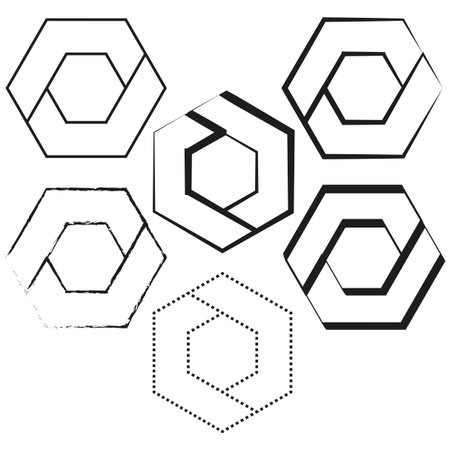Hexagon outline shapes. Geometric polygon frames. Abstract modern forms. Vector minimalist elements.