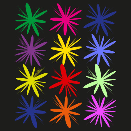 Abstract star bursts. Colorful vivid shapes. Festive radiant elements. Vector decorative symbolsのイラスト素材