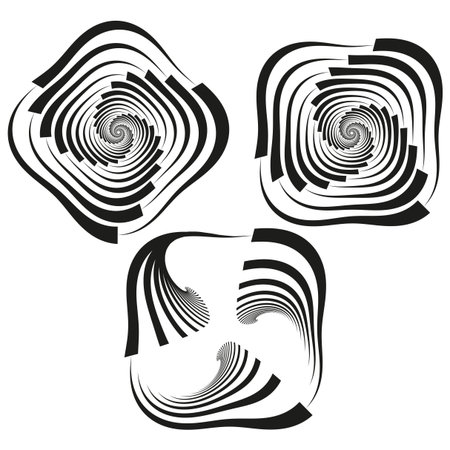 Abstract spiral shapes. Swirling optical elements. Black white Vector. Modern hypnotic graphic. EPS 10.のイラスト素材