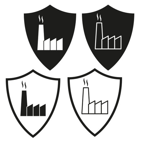 Industrial shield icons. Security factory symbols. Protected Vector emblems. Black white illustration. EPS 10.のイラスト素材