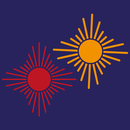 Starburst sun symbol. Red and yellow rays. Radiant light burst. Vector graphic element. EPS 10.のイラスト素材