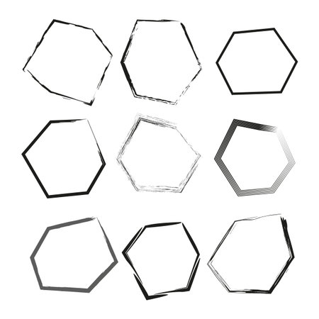 Abstract hexagon shapes. Brush stroke grunge texture. Creative geometric form. Vector rough outline. EPS 10.のイラスト素材
