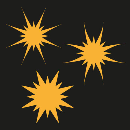 Three yellow starbursts. Bright graphic explosion. Dynamic light shape. Vector dark background. EPS 10.のイラスト素材