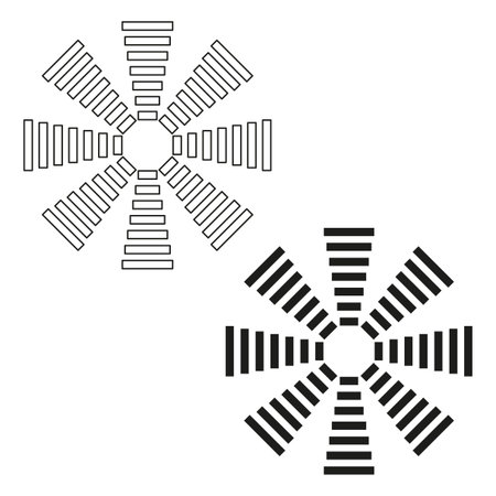 Radial geometric shapes. Three starburst elements. Abstract rotation Vector icons. Black white minimal set. EPS 10.のイラスト素材
