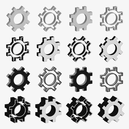 Mechanical cogwheel set. Twelve gray elements. Industrial machine Vector parts. Technology detail collection. EPS 10.のイラスト素材
