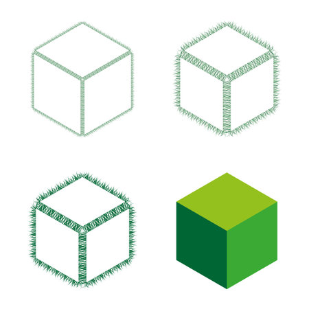Geometric cube set. Four different shapes. 3D block Vector element. Green wireframe illustration. EPS 10.のイラスト素材