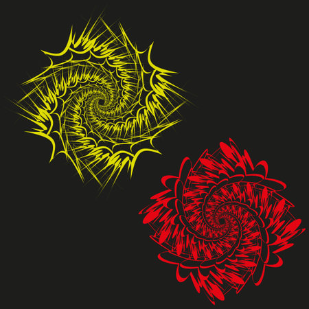 Spiral ray forms. Red yellow dynamic. Explosion Vector element. Dark background art. EPS 10.のイラスト素材