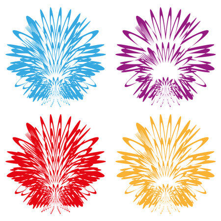 Abstract radial bursts. Colorful explosion shapes. Dynamic firework Vector. White background set. EPS 10.のイラスト素材