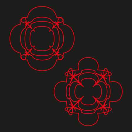 Abstract geometric patterns. Intricate outline shapes. Red line design. Vector dark backdrop. EPS 10.のイラスト素材