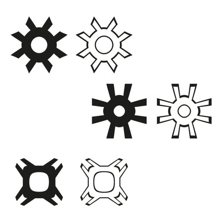Mechanical gear symbols. Six black white elements. Industrial cog Vector icons. Abstract technology set. EPS 10.のイラスト素材