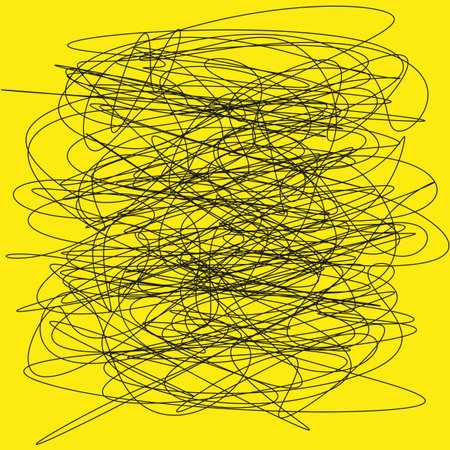 Tangled scribble drawing. Black wire texture. Abstract chaotic Vector pattern. Bright yellow background. EPS 10.のイラスト素材
