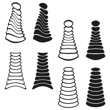 Stacked cone shapes. Geometric spiral forms. Black silhouette Vector. Abstract element set. EPS 10.のイラスト素材