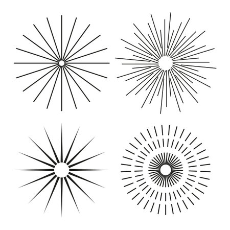 Set of sunbursts. Radial line elements. Black white burst Vector graphic. Exploding rays collection. EPS 10.のイラスト素材