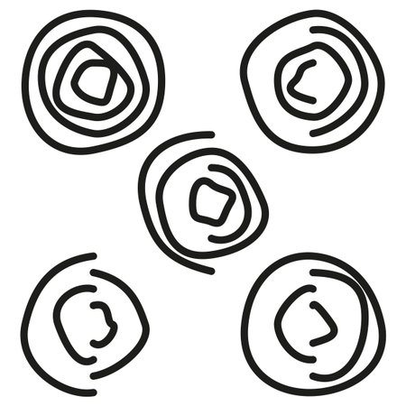 Five irregular circles. Black hand drawn line. Abstract organic Vector shape. Imperfect ring element. EPS 10.のイラスト素材