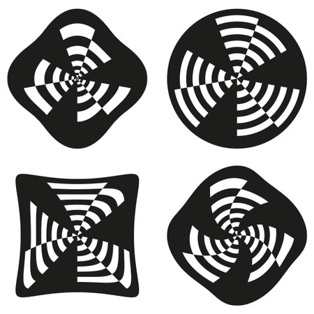 Four geometric shapes. Checkerboard spiral elements. Op art Vector forms. Black white rotation pattern. EPS 10.のイラスト素材
