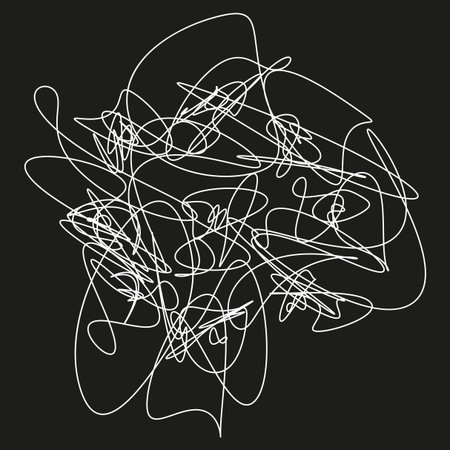 Wild scribble texture. Chaotic messy Vector. Abstract tangle lines. Dark background contrast. EPS...