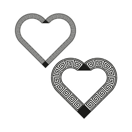 Two heart symbols. Greek key pattern. Romantic outline shapes. Vector meander decoration. EPS 10.のイラスト素材