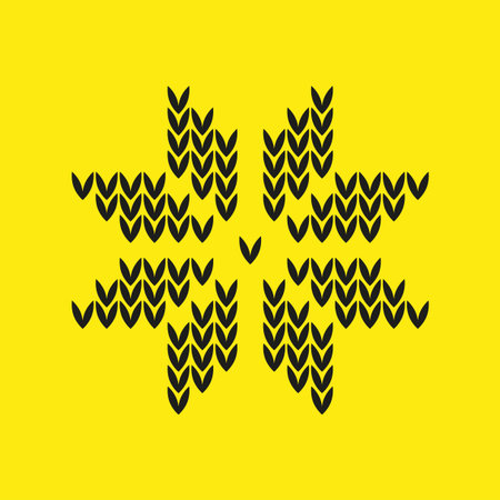 Yellow winter background. Black snowflake Vector. Knitted ornament symbol. Festive holiday seasonal...