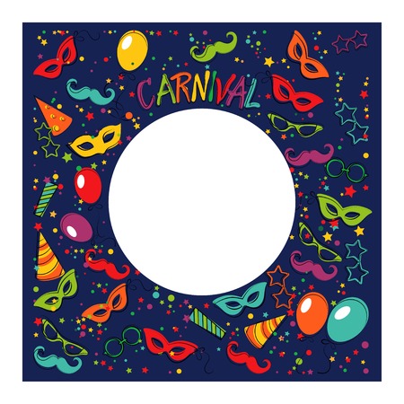Festive page with carnival icons and objects. Vector party poster templateのイラスト素材