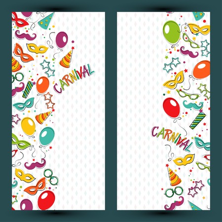 Festive page with carnival icons and objects. Vector party poster templateのイラスト素材