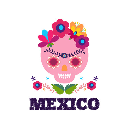 Mexico flowers, pattern and elements. Mexico pattern. Skull and flowers elements.のイラスト素材