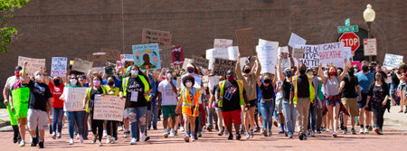 Wausau, Wisconsin, USA - June, 6, 2020 protesters for black lives matter are  marching on 4th st. towards city hall, panoramicのeditorial素材