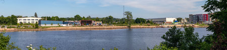 Wausau, Wisconsin, USA, July 1, 2020, Wausau East Riverfront District in downtown Wausau along the Wisconsin River, panoramicのeditorial素材