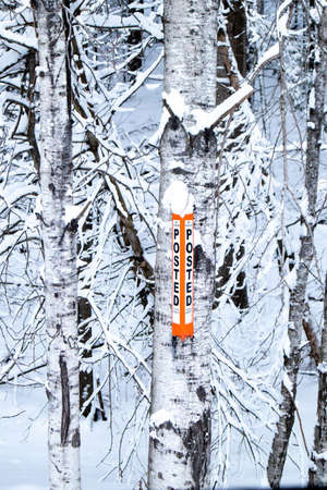 Orange posted sign stating no trespassing on a Wisconsin tree after a snowstorm vertical