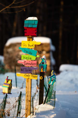 Colorful bird houses and signs with snow on the ground in winterの写真素材